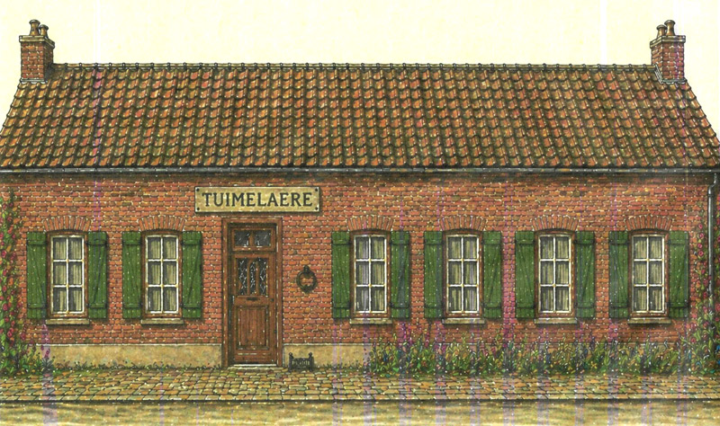 Zo zag de herberg de Tuimelare eruit voor de sluiting in 1955 (Reconstructietekening van Linda Malfait, met behulp van AI. Ze beschikte hierbij over alle nauwkeurige afmetingen en vormkenmerken)  