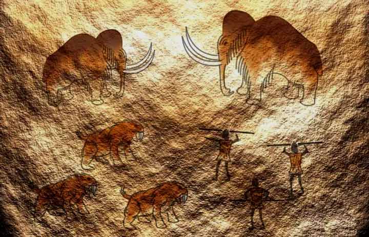 Prehistorische grottekening in het Franse Rouffignac, met mammoeten belaagd door jagers.