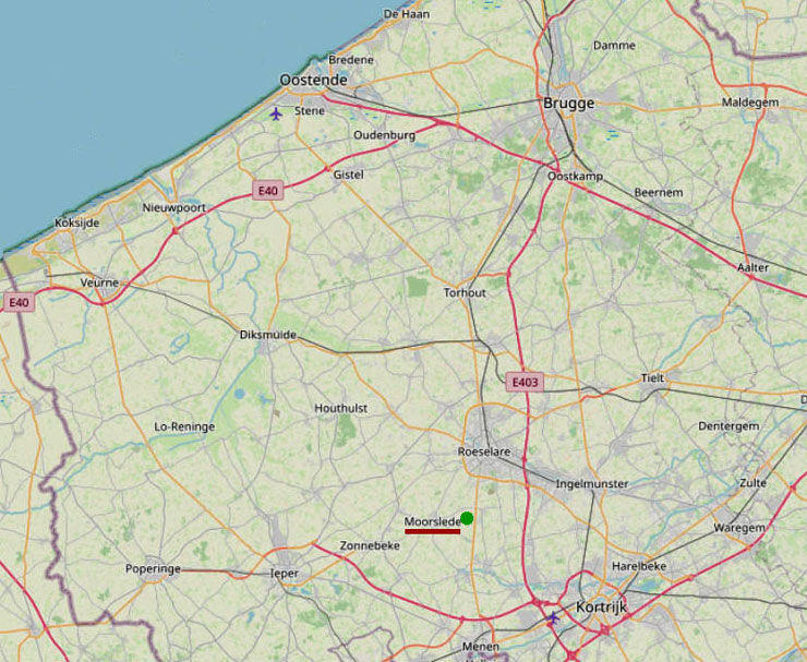 Moorslede - met de Tuimelarewijk (aangeduid met groene stip) - op een geografische kaart van West-Vlaanderen.