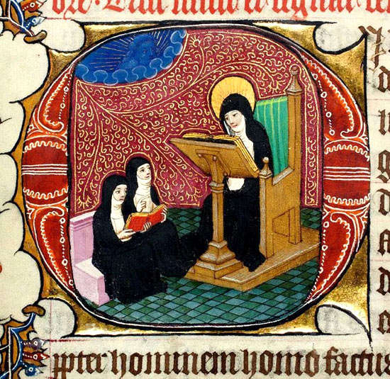 In een hoekje met een boekje. Miniatuur, 15de eeuw, The Burnet Psalter  (Bron: Aberdeen, Universiteitsbibiotheek). 