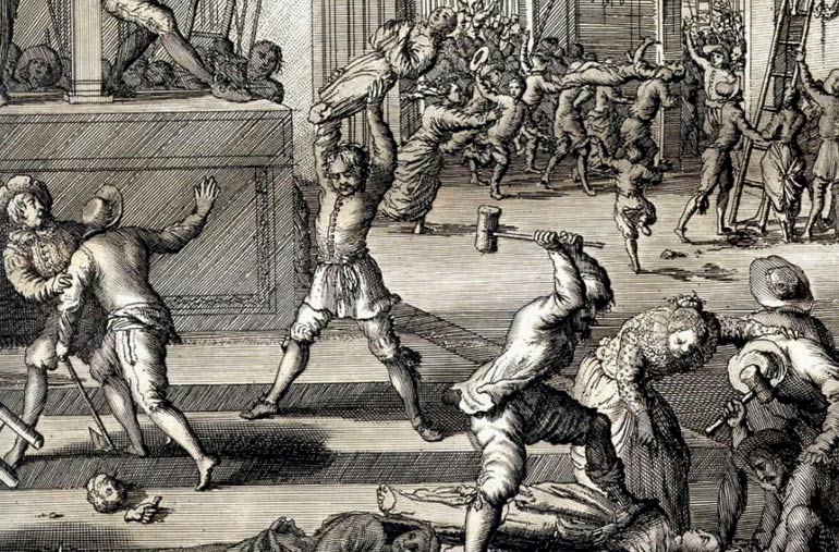 De beeldenstormers vernielen in 1566 het hele interieur van een kerk. Jan Luyken, ets, 1566 (Bron: Wikimedia).