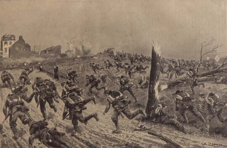 Duitse bestorming van een gealliëerd militair bolwerk in West-Vlaanderen. E. Zimmer, 1915.