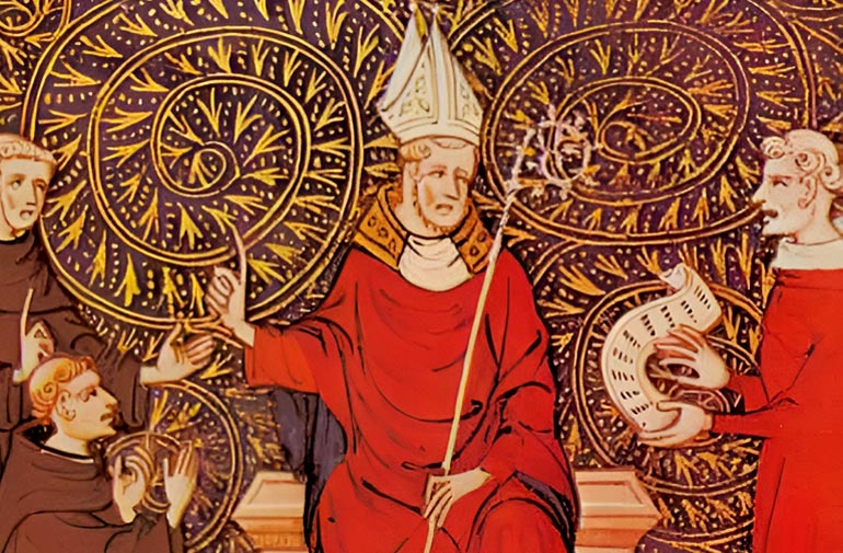 Een zittende bisschop omringd door enkele monniken.