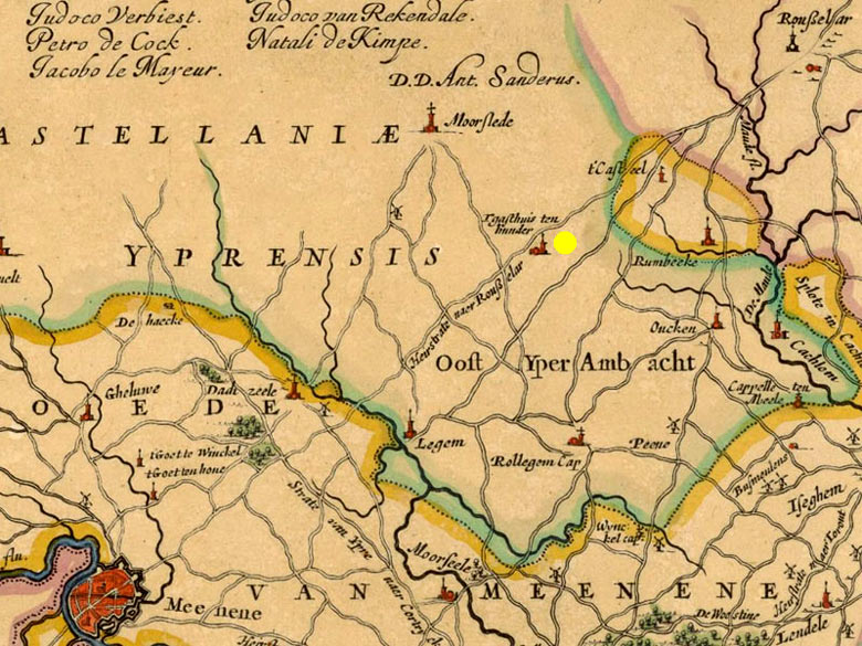 Tgasthuis ten bunder (gele stip) op een kaart van Joan Blaeu uit 1735