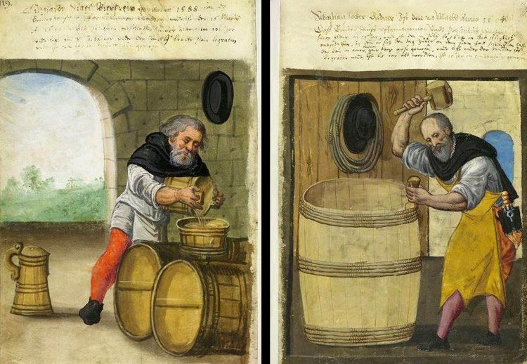 Een bierbrouwer en een kuiper (= tonnenmaker). Hans Franck. 1588 (Bron: Wikimedia)