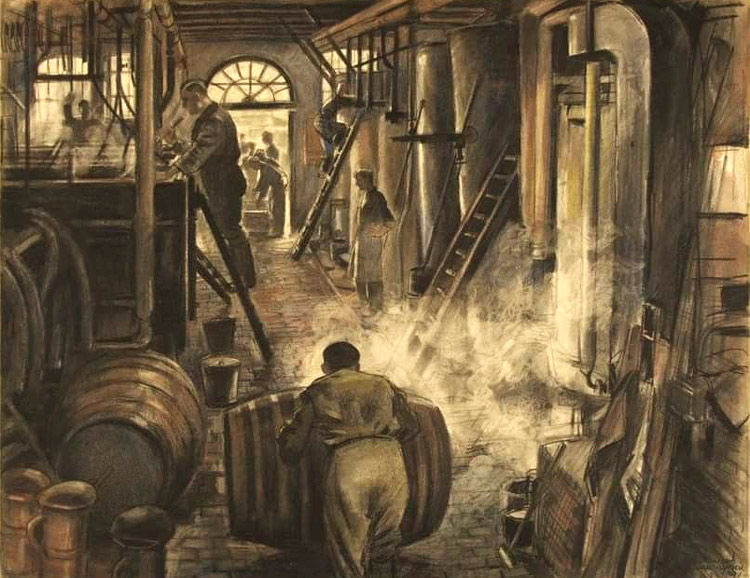 Één en al bedrijvigheid in de brouwerij (19de eeuwse prent)