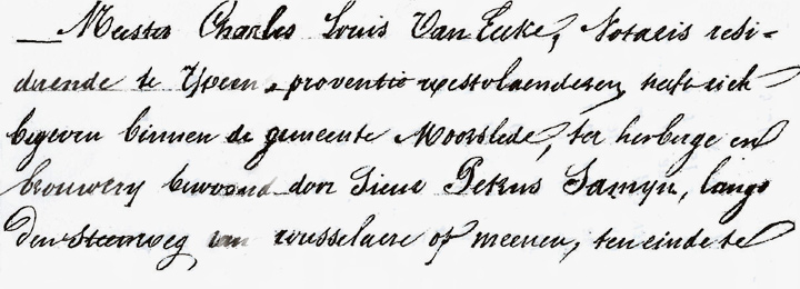 Notarile akte van 1847, met vermelding van herberg en brouwerij langs de Menensesteenweg, bewoond door Petrus Samyn