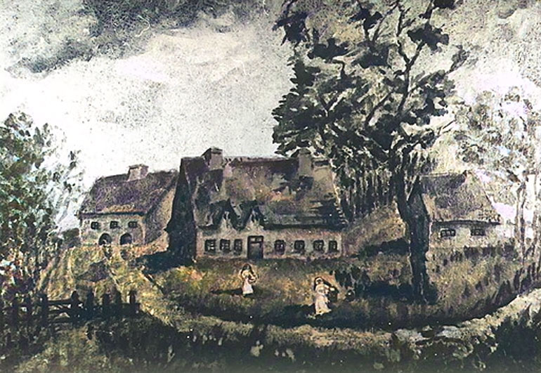 Groot schilderij van het middeleeuws Gasthuis Ten Bunderen, aangebracht op een muur van de Gasthuishoeve in het begin van de 20ste eeuw