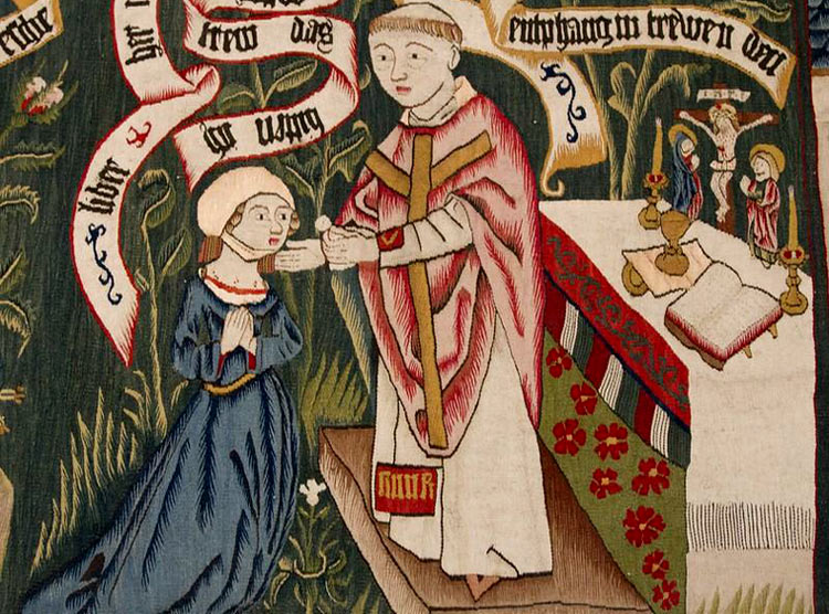 Een priester geeft de communie aan een  zuster. Wandtapijt, 14de eeuw.