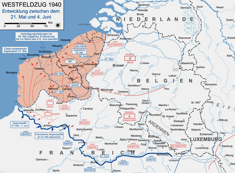Duitse kaart van het front tussen 21 mei en 4 juni 1940