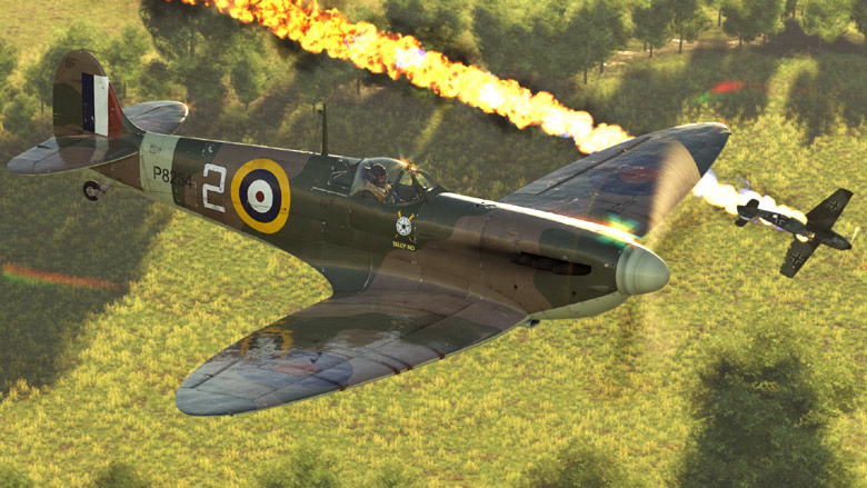Een Brits jachtvliegtuig Spitfire heeft een Duitse Heinkel bommenwerper uitgeschakeld tijdens een luchtgevecht.