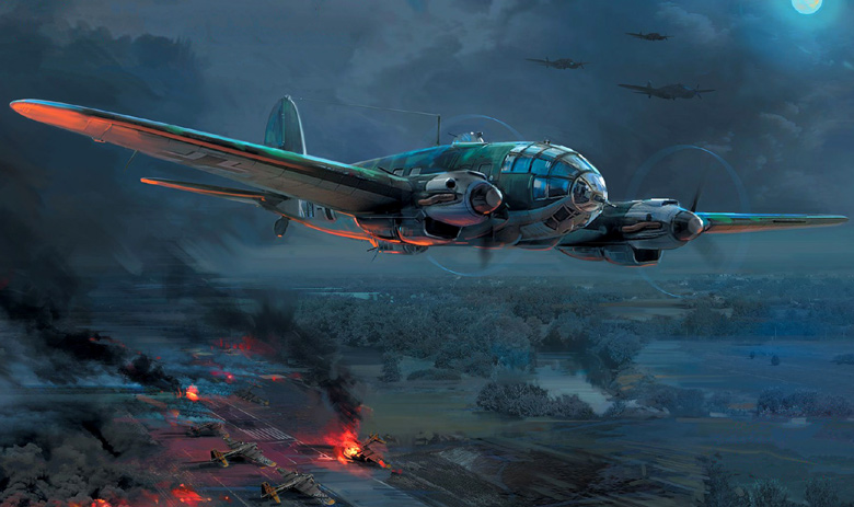 Nachtelijk bombardement door Duitse Heinkels 111 van een vijandelijk militair vliegveld.