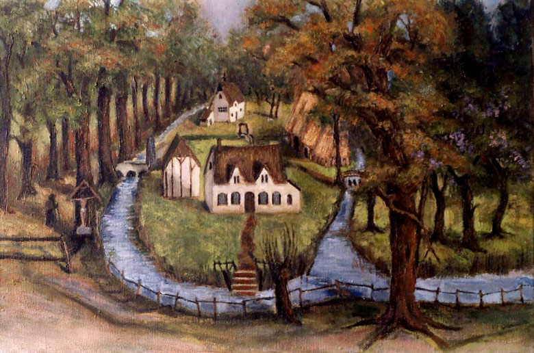 zo zou het oude Gasthuis Ten Bunderen er in de 13de eeuw hebben uitgezien. Schilderij. Marine Debuf, 1996.