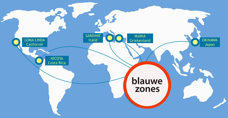 Kaart met de zogeheten Blauwe Zones in de wereld