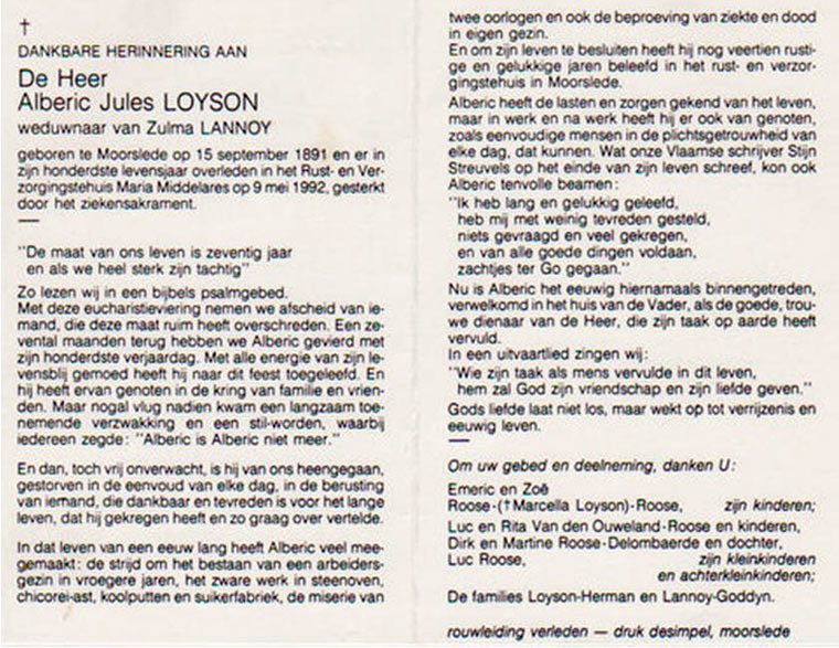 Bidprentje voor Alberic Loyson, overleden op 9 mei 1992