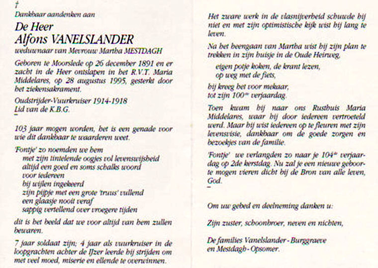 Doodsprentje van Alfons Vanelslander, overleden op 28 augustus 1995.