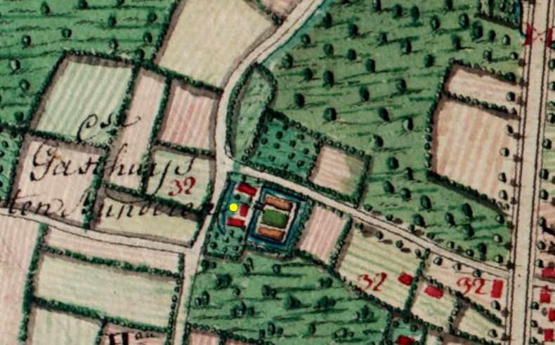 De hoeve van het Gasthuis ten Bunderen op de topografische kaart van de Oostenrijkse Nederlanden. Joseph de Ferraris, 1771