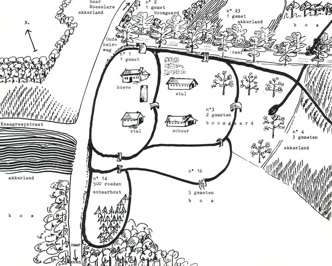 Grondplan van de gasthuishoeve ten Bunderen in 1800 (Schets door Zr. A. Barbaix).