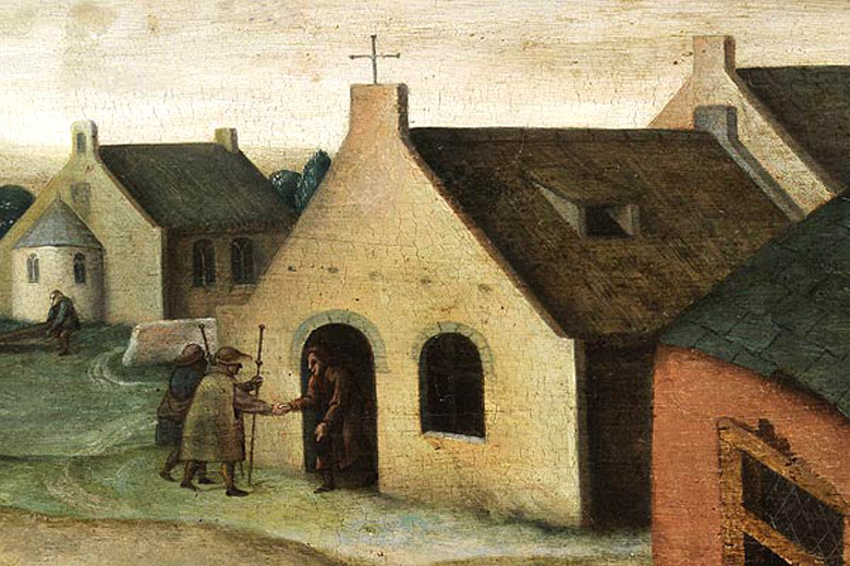 Pelgrims bij een gasthuis. Fragment van een schilderij '<i>De werken van barmhartigheid</i>'<br> (een leerling van Brueghel de Jongere, begin 17de eeuw)