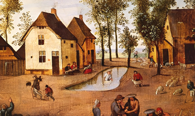 Het scheren van de schapen. Abel Grimmer, 1565 (Bron: Antwerpen, KMSK).