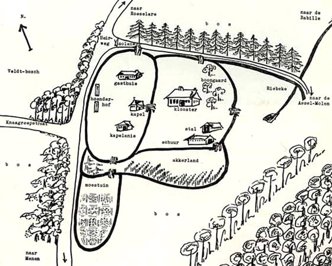 Het Gasthuis ten Bunderen in zijn ontstaansperiode (Reconstructie-tekening van Zr. A. Barbaix).