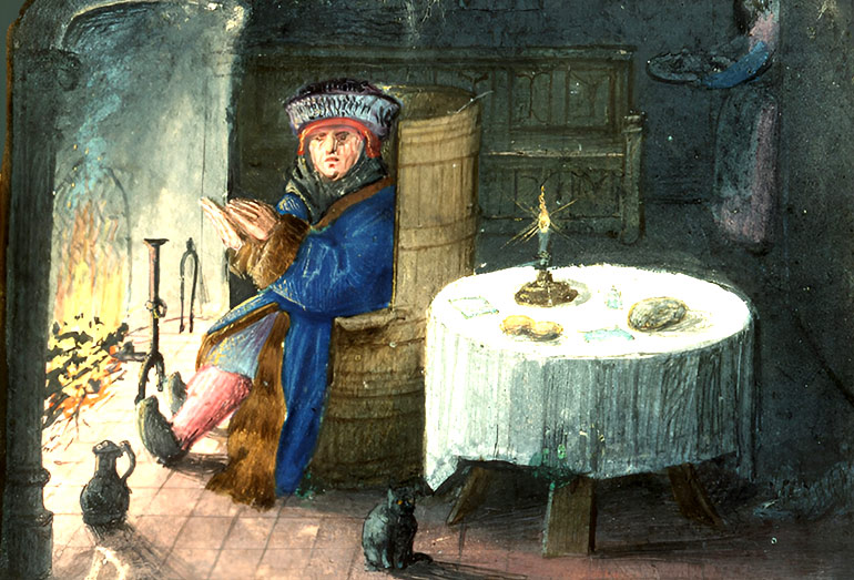 Een passant zit bij het haardvuur om zich op te warmen. Miniatuur uit getijdenboek, ca. 1480. Rouen.