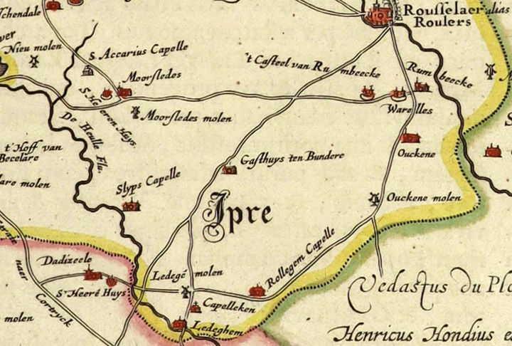 De vermoedelijk Gallo-Romeinse heerweg tussen Roeselare en Ledegem (Joan Blaeu, 1662. Fragment van de kaart De Casselrie van Ipre.