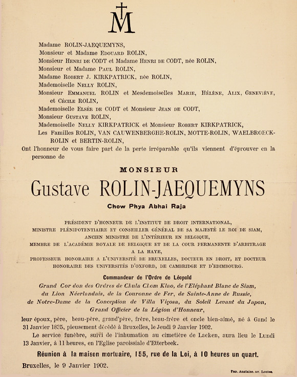 Doodsbrief van Gustave Rolin Jaequemyns (Bron: UGent, Archief)