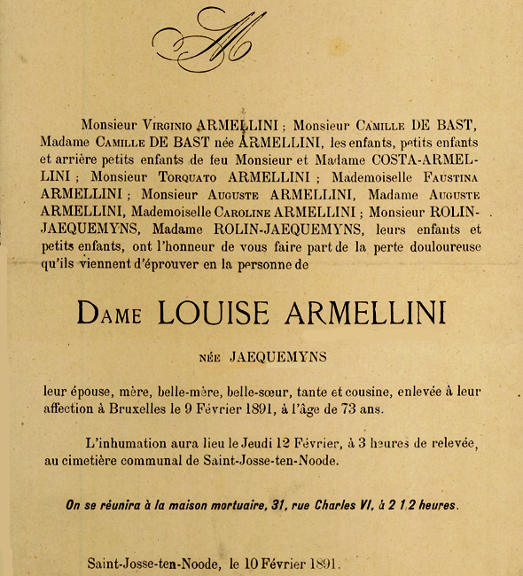 Doodsbrief van Louise Jaequemyns, de vrouw van Virginio Armelini (Bron: Archief UGent).