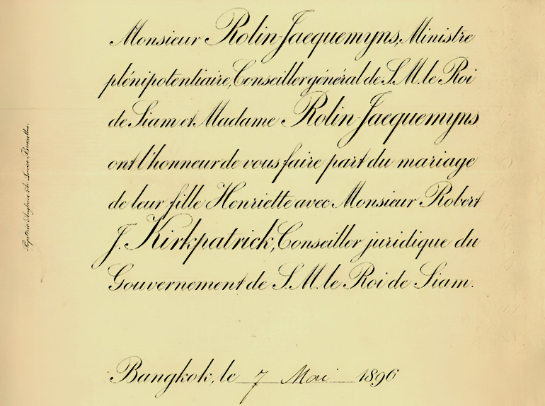 Aankondiging van het huwelijk van Henriette Rolin Jacquemyns met Robert Kirkpatrick in Bangkok in 1896.
