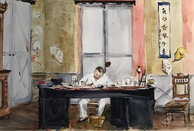 Gustave Rolin aan het werk in zijn bureau in Bangkok. Aquarel van zijn dochter Henriette Rolin-Jaequemyns