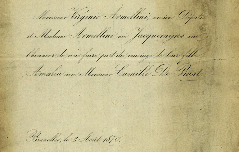 Aankondiging van het huwelijk van Amalia Armellini met Camille De Bast in 1870 (Bron: Archief  van de UGent).