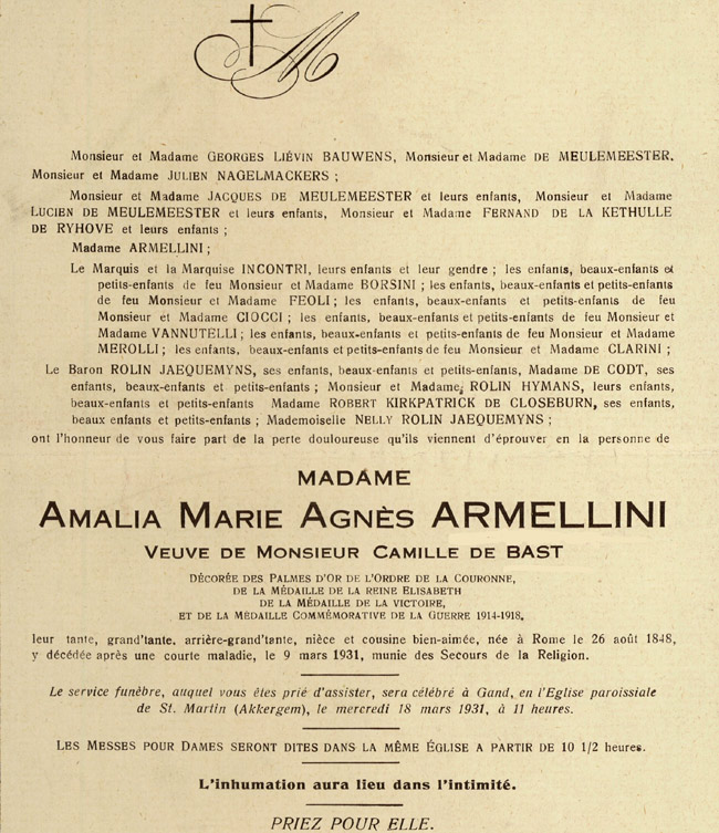 Overlijdensbericht uit 1931 van Amalia Armellini (Bron: Archief  UGent).