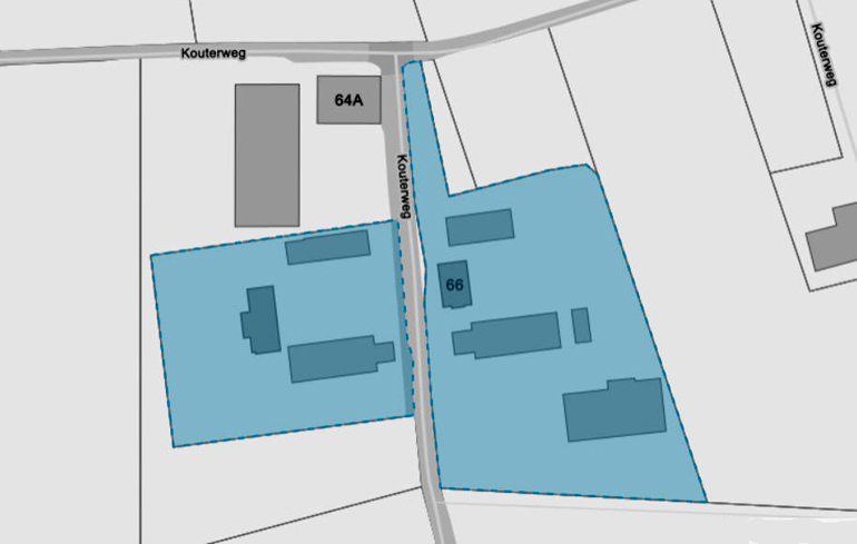 Kouterweg 64-66. Grondplan van de dubbel-hoeve (© Informatie-Vlaanderen).