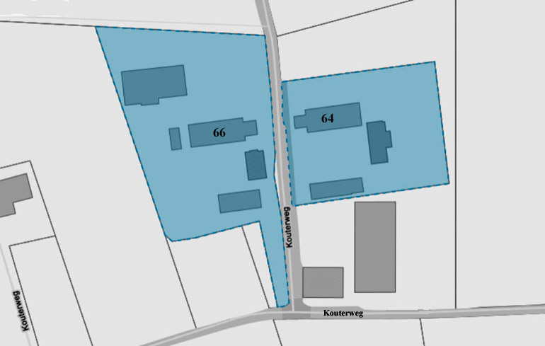 Kouterweg 64-66. Grondplan van de dubbel-hoeve (© Informatie-Vlaanderen).