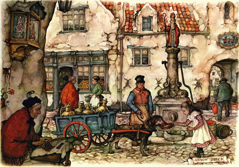 Melkmeisje geeft trekhond te drinken. Een van die vele nostalgische tekeningen van Anton Pieck (1895-1987)