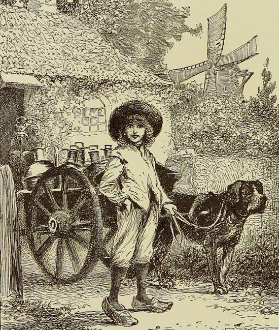 Nello en z'n hond Patrasche, op de kaft van de wereldberoemde roman A Dog of Flanders (1872) van de Britse schrijfster Ouida.
