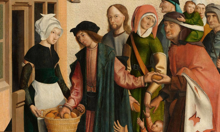 De hongerigen spijzen. Een van de 7 christelijke Werken van Barmhartigheid. de Meester van Alkmaar. 1504 (Bron: Amsterdam, Rijksmuseum).