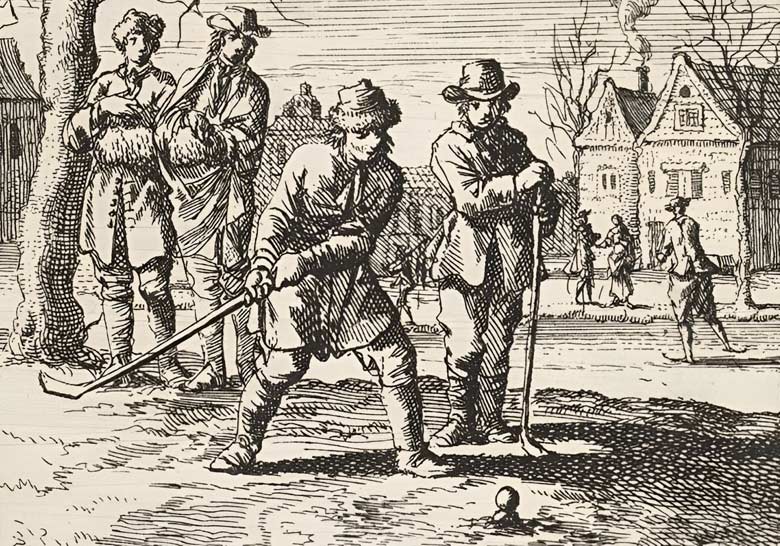 Kolfspelers. Jan Luyken, Ets, 1712(Bron: Amsterdam, Rijksmuseum).