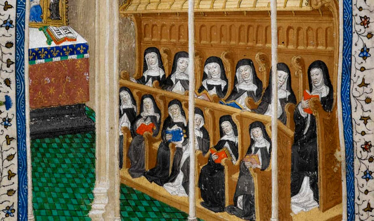 Zingende nonnen in het koorgestoelte van de kapel (Londen, British Library)