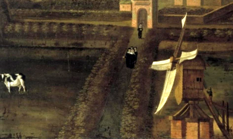 Zusters in de tuin van het voormalig klooster Leeuwenhorst bij Noordwijk. Anoniem. ca. 1700 (Bron: Wikimedia / Utrecht, Mus. Catharijneconvent)