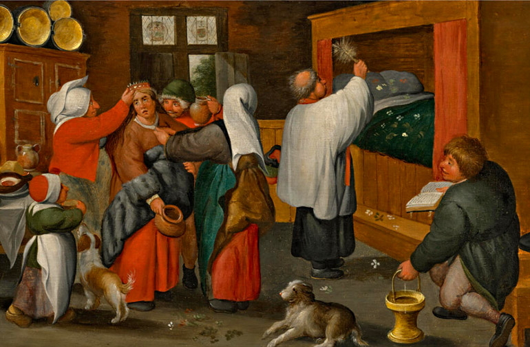De pastoor op huisbezoek zegent het echtelijk bed. Marten van Cleve, 16de eeuw (Bron: Wikimedia).