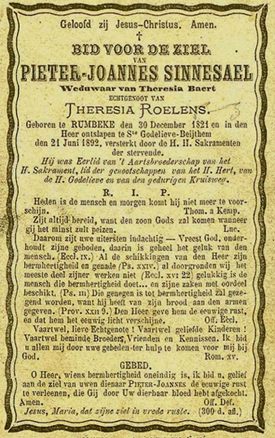 Bidprentje van Pieter-Joannes Sinnesael
