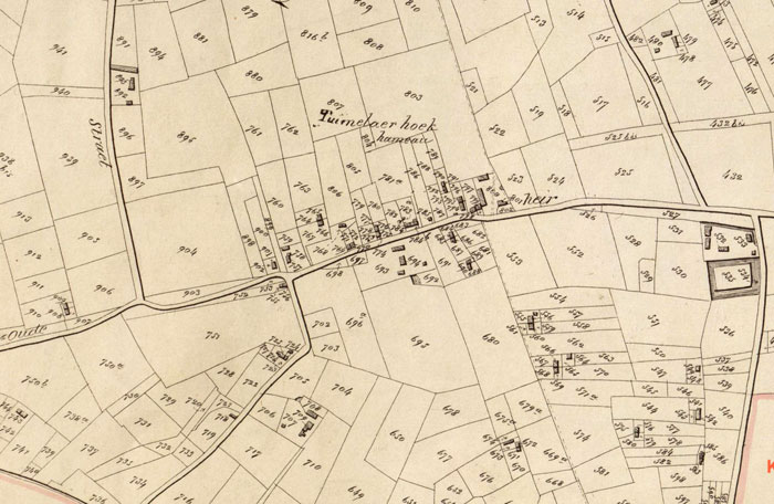 De Tuimelaerhoek op de kadasterkaart van Moorslede (P. C. Popp. 1854).