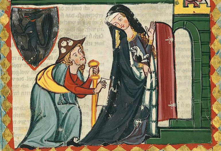 De priorin ontvangt een pelgrim bij het gasthuis. Miniatuur. Codex Manesse, Heidelberg, 1315 (Bron: Wikimedia).