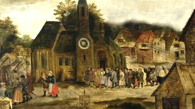 Processie bij de kerk. Pieter Brueghel de Jonge, Boerenkermis (uitsnede), 1616 (Bron: Neuss, Clemens Sels Museum).