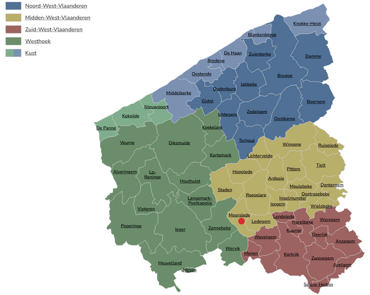 Kaart met de opdeling van West-Vlaanderen in 5 regio's.