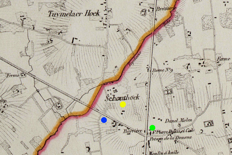 De Schouthoek tegen de grens (Papelandbeek) met de Moorsleedse Tuimelarewijk, de Kruishoek en nabij het caf� St.-Pieter. Philippe Vandermaelen. Topografische kaart van Belgi� (1846-1854).