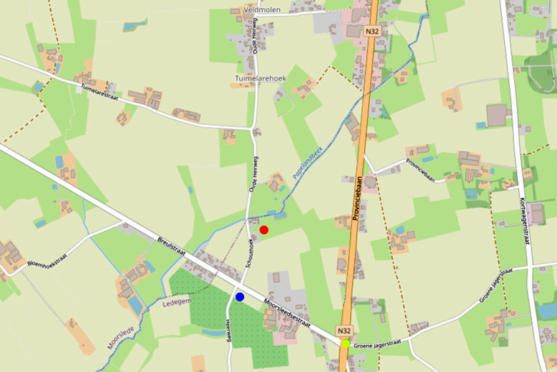 De Schouthoek (rode stip) nu op OpenStreetMap, 2024
