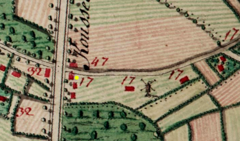 Links van de gele stip is het symbool van de kapel met kruisje bovenop aangegeven.  (Uitsnede van de Ferraris-kaart der Oostenrijkse Nederlanden, 1773)